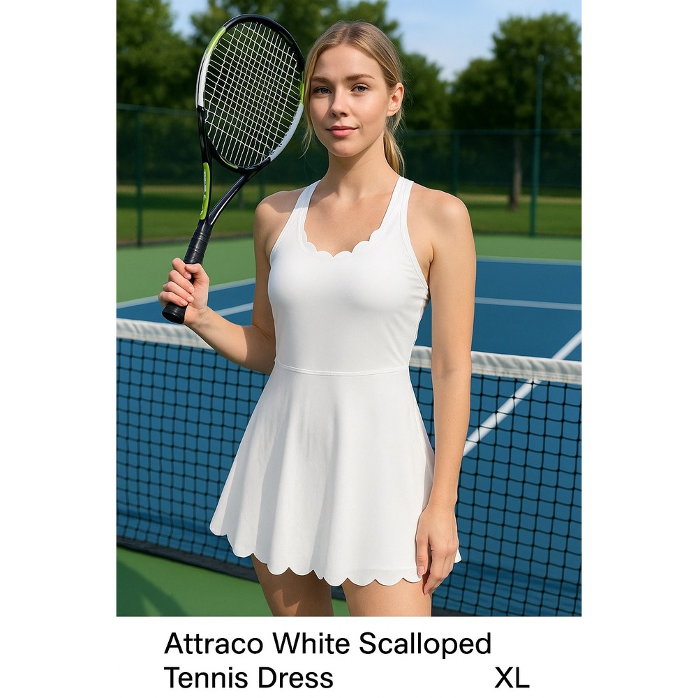 Attraco Women's XL White NWT Scallop Edge Tennis Dress Quick Dry Stretch Skaterr
